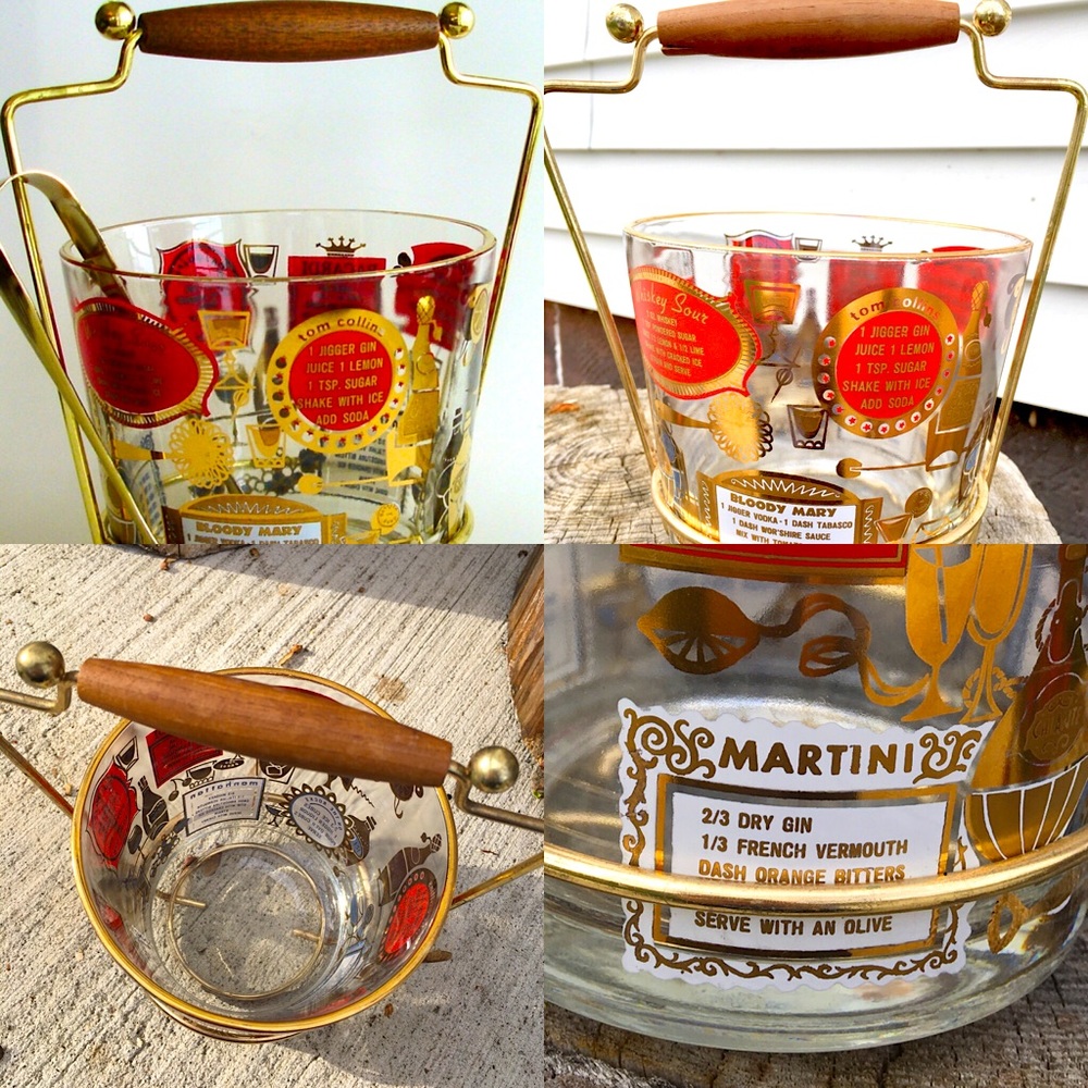 Vintage MCM Jeannette Glass Ice Bucket w/ Brass & Wood Carrier